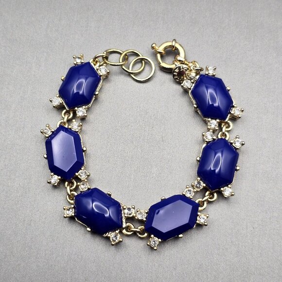 J Crew Navy Blue Faceted Rhinestone Bracelet 7.25" Gold-Tone Crystal Accents - Picture 1 of 7